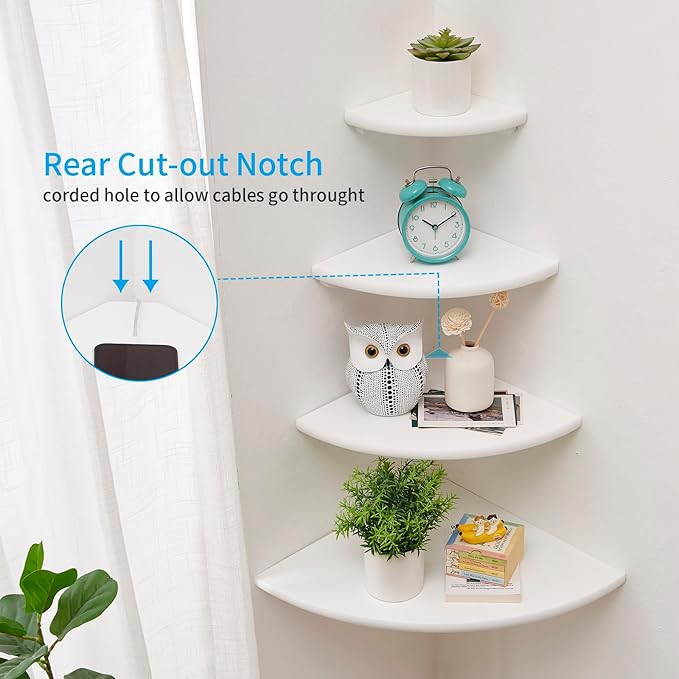 Corner Shelf, White Solid Oak Wood Floating Corner Shelves Wall Mount Round End Floating Speaker Rack Display Shelf for Small Plant Photo Frame (White, 7in)-Ruum Studio Home