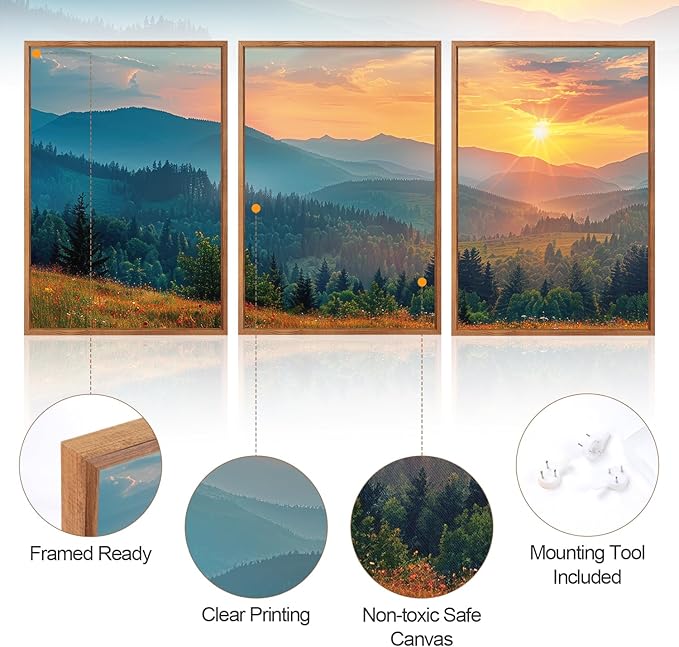 Aurlan Boho Mountain Sunset Landscape Framed Wall Art(16"x24"), 3PCS Green Blue Ridge Grand Teton National Park Canvas Artwork, Abstract Modern Watercolor Nature Forest Scenery Decor for Home Office Bedroom-Ruum Studio Home