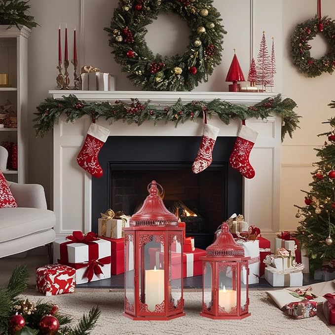 NEEDOMO Christmas Decorations Set of 2, 22''/15'' Christmas Lantern with Glass Panels for Home Decor, Decorative Hanging Lantern Indoor Outdoor for Xmas Table Centerpieces, Porch, Patio(Red)-Ruum Studio Home