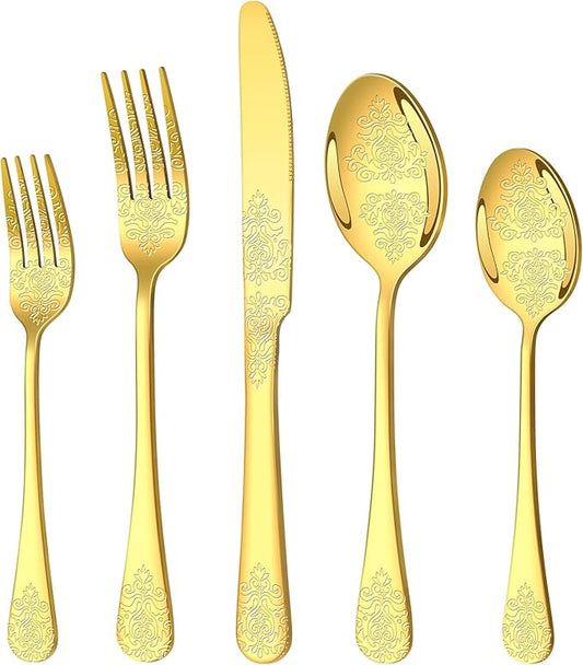 40 Pcs Gold Silverware Set for 8 with Classical Flower Embossed Design, Food Grade Stainless Steel Flatware Set, Eating Utensils Sets Include Fork/Knife/Spoon, Cutlery Set, Dishwasher Safe-Ruum Studio Home