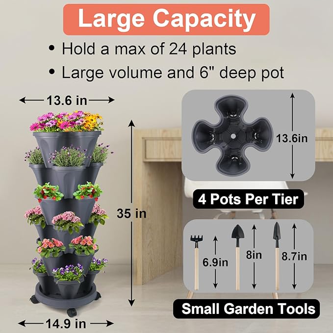 Vertical Planter 6 Tier Stackable Planters Garden Planters Strawberry Herb Flower and Vegetable Planter Indoor Outdoor Gardening Pots with Removable Wheels and Tools-Ruum Studio Home