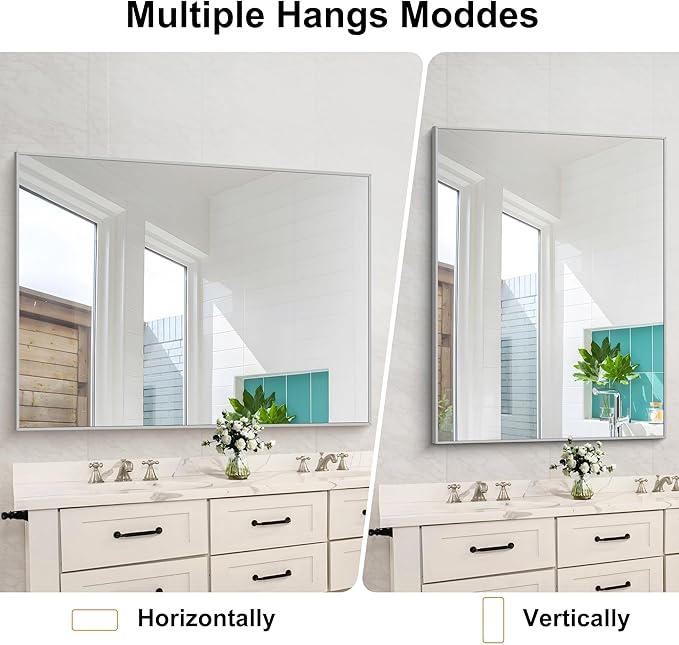 Silver Bathroom Mirror, 48"X36" Rectangle Mirrors for Wall Metal Frame, Bathroom Rectangular Mirror Modern Wall Mirror for Bedroom Living Room, Hangs Horizontal or Vertical-Ruum Studio Home