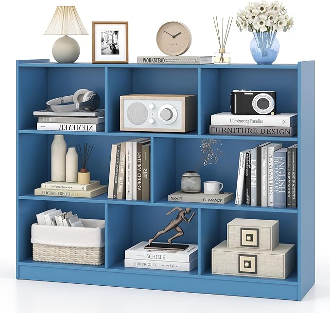 Tangkula 8-Cube Bookcase, Wood 3 Tier Open Storage Bookshelf, Modern Multipurpose Display Cabinet for Living Room, Study, Reading Nook, 48 x 12.5 x 36.5 Inch (Bright Blue)-Ruum Studio Home
