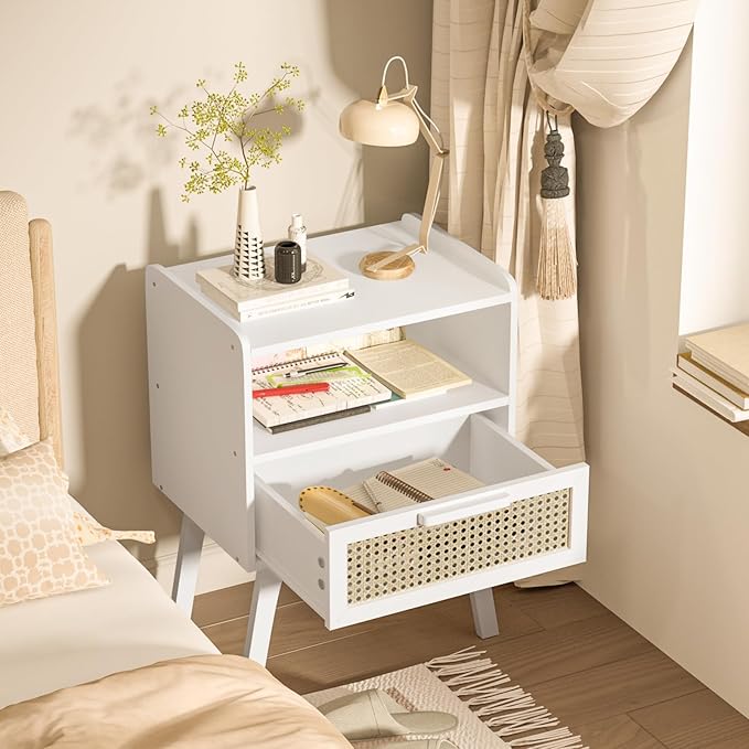 Lerliuo Rattan Nightstand, Bedside Table with Drawer Open Shelf, Cane Accent Side End Table with Solid Wood Legs, White Mid Century Night Stand for Bedroom, Dorm and Small Spaces-Ruum Studio Home