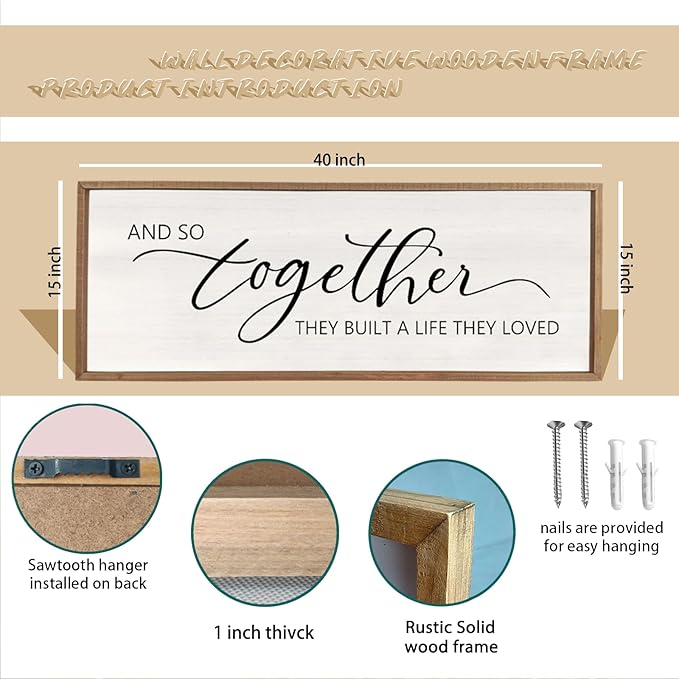 And So Together They Built A Life They Loved Sign 40”X15” Master Bedroom Above Bed Wall Decor Large Framed Wood Farmhouse Sign for Over Bed Bedside Wall Art for Love Sign Decor (Wood)-Ruum Studio Home