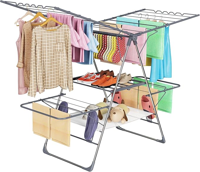 Clothes Drying Rack, Foldable 2-Level Laundry Racks for Drying Clothes Rack,Stainless Steel Drying Rack Clothing Collapsible for Indoor Outdoor,with Height-Adjustable Wings,33 Drying Rails,Gray-Ruum Studio Home