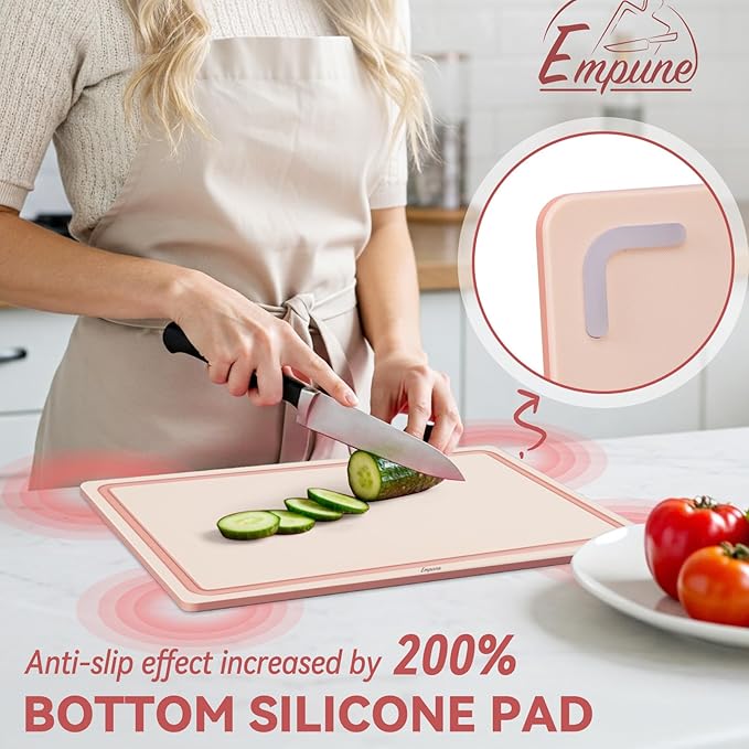 Empune Plastic Cutting Board Set, Recycled Plastic Cutting Boards for Kitchen (Set of 3), Dishwasher Safe Large Chopping Board with Holder, Non-slip Feet and Juice Grooves, Nonporous, Pink-Ruum Studio Home