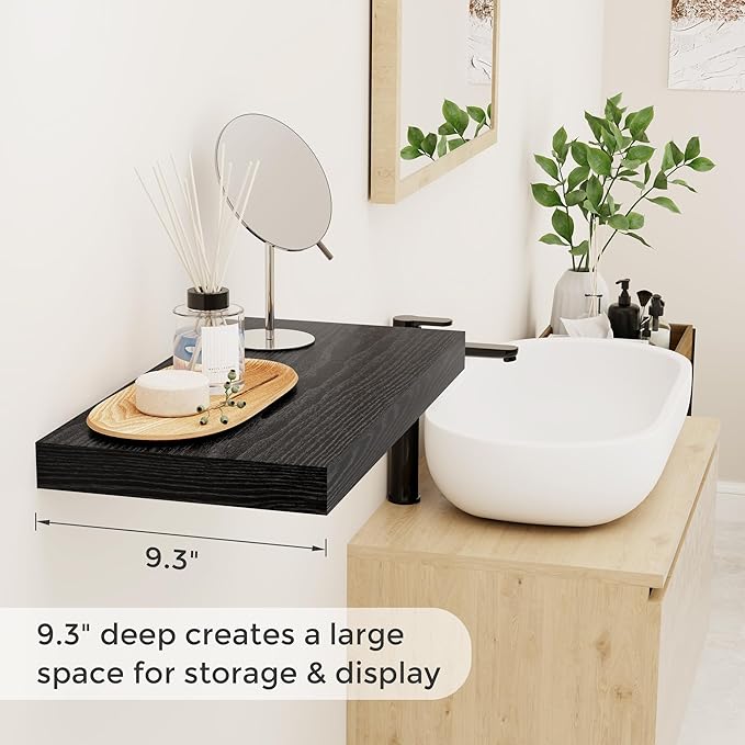 Fun Memories Black Floating Shelves 16 Inch Long, 9 Inch Deep Wall Shelf for Bathroom, 16 x 9 Floating Shelf for Living Room, Bedroom, Kitchen, Rustic Wood Shelves for Wall, Set of 2-Ruum Studio Home
