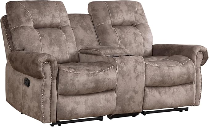 EBELLO Manual Recliner Loveseat Sofa, 2 Seater Reclining Couch Chair with Center Console, Hidden Storage and Cup Holders, Vintage Rivet Mid-Century Design for Living Room, Meeting Room, Brown-Ruum Studio Home
