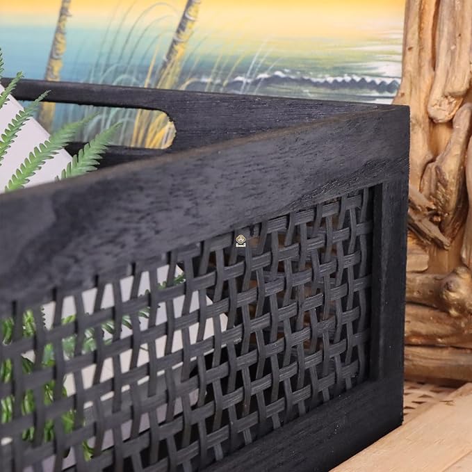 YRMT Wood Storage Crate Basket Rustic Wooden Storage Container for Organizing Decorative Bamboo Box with Handles for Pantry, Shelves Organizer 11.4" x 11.4" x 5" (Black)-Ruum Studio Home