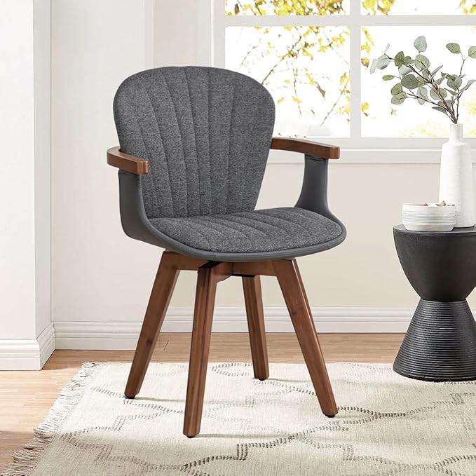 LUNLING Swivel Dining Chairs, Mid Century Modern Gray Fabric+Faux Leather Kitchen Chairs with Arms,Bamboo Legs Side Chairs No Wheels,Accent Chair for Dining Rooms and Offices(Gray Fabric,1PCS)-Ruum Studio Home