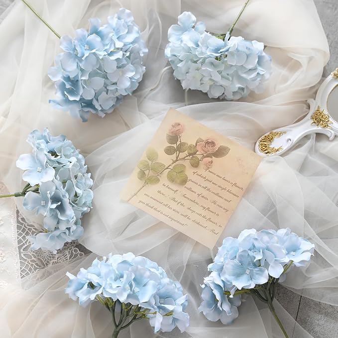 Tifuly Hydrangea Artificial Flowers -12 pcs Realistic Fake Hydrangea Silk Flowers with Stems Faux Hydrangea Flowers Heads for Office Home Party Wedding Centerpiece DIY Floral Decor (Light Blue)-Ruum Studio Home