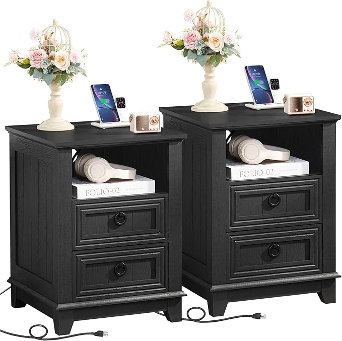 18" Night Stands Set of 2 with Charging Station, Farmhouse 2 Drawers End Table Dresser for Bedroom, Black Wooden Nightstand, Bed Side Table with Open Shelf, Bedside Cabinet for Living Room-Ruum Studio Home