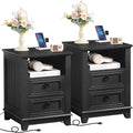 18" Night Stands Set of 2 with Charging Station, Farmhouse 2 Drawers End Table Dresser for Bedroom, Black Wooden Nightstand, Bed Side Table with Open Shelf, Bedside Cabinet for Living Room-Ruum Studio Home