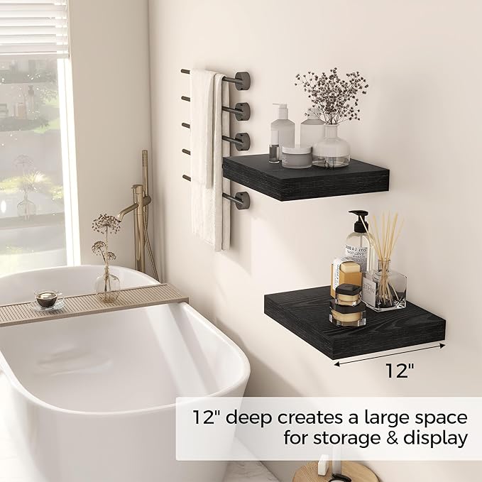 Fun Memories 12 Inch Floating Shelf, Rustic Wood Wall Shelves for Wall Decor & Storage, 12 x 12 Floating Shelf for Living Room, Bathroom, Bedroom, Black, Set of 2-Ruum Studio Home