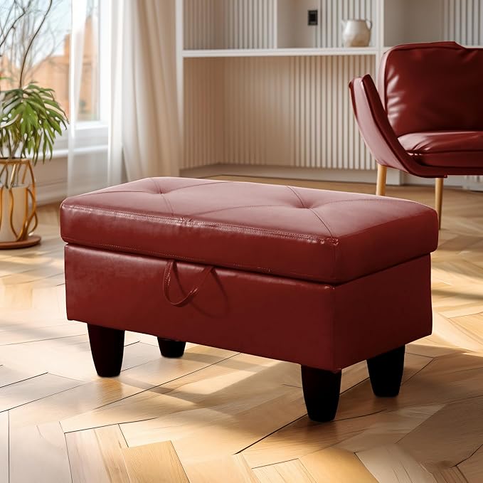 Ottoman Rectangular Storage Ottoman Bench, Faux Leather Footrest, Coffee Table, Stool Footstool with Hinged Lid for Living Room, Bedroom, Entryway, Red, 28.5"x19"x17.5"-Ruum Studio Home