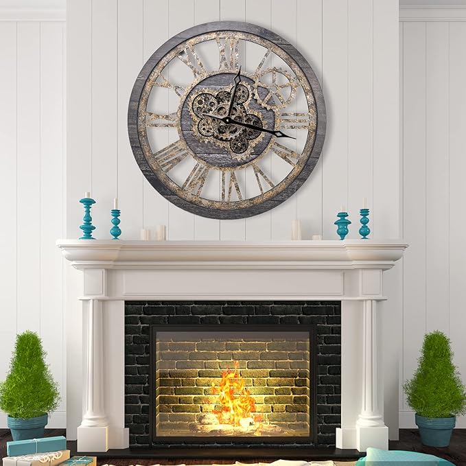 The B-Style Large Wall Clock 18 inch Moving Gear Wall Clock Oversized Vintage Farmhouse Wall Clocks for Living Room Decor Rustic Industrial Wood Clock (Carbon Gray)-Ruum Studio Home