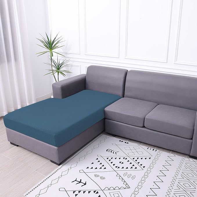 hyha Waterproof Sectional Couch Covers, Non Slip Sofa Couch Cushion Covers L Shape, Thick Stretch Jacquard Fabric, Washable Sofa Slipcovers with Elastic Bottom (1 Piece for Chaise, Blue)-Ruum Studio Home