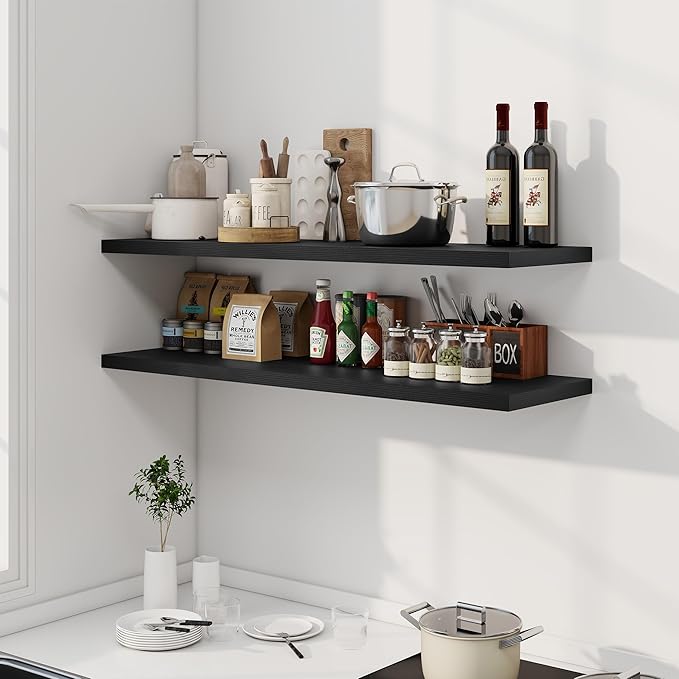 48" Floating Shelves for Wall, 12" Deep Slim Black Floating Shelves, Wall-Mounted Shelves for Bedroom, Living Room, Kitchen, Bathroom - Set of 2-Ruum Studio Home