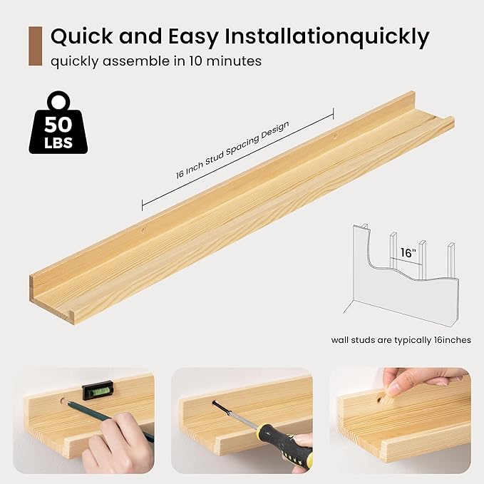 Picture Ledge Shelf, Solid Pine Wood Floating Shelves Set of 2, 32 Inches Nursery Book Shelves for Toys Storage, Kids Bookshelf Wall Mounted for Living Room Decor Photo Frames, Unfinished Natural-Ruum Studio Home
