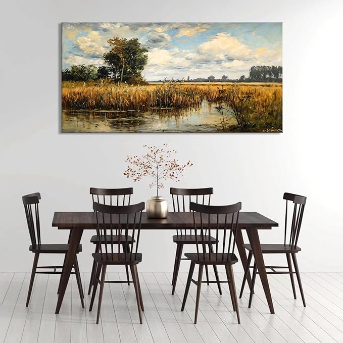 LASMOND Beautiful Wilderness Meadow Canvas Wall Art Oil Painting Reproduction Print Vintage Wildflower Field Scenery Countryside Landscape Tree Rustic Retro Decor Artwork Country Farmhouse Living Room 24x48 Inches-Ruum Studio Home