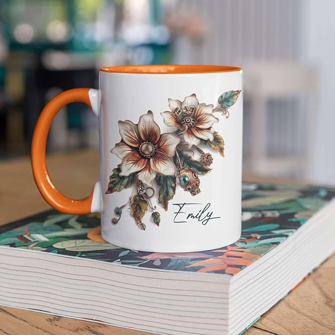 Customized Name Coffee Cup, Custom Steampunk Floral Design Cup, Personalized Flower Lover Ceramic Cup 11oz, White Mug Gift For Floral Enthusiasts, Steampunk Flower Cup For Birthday-Ruum Studio Home