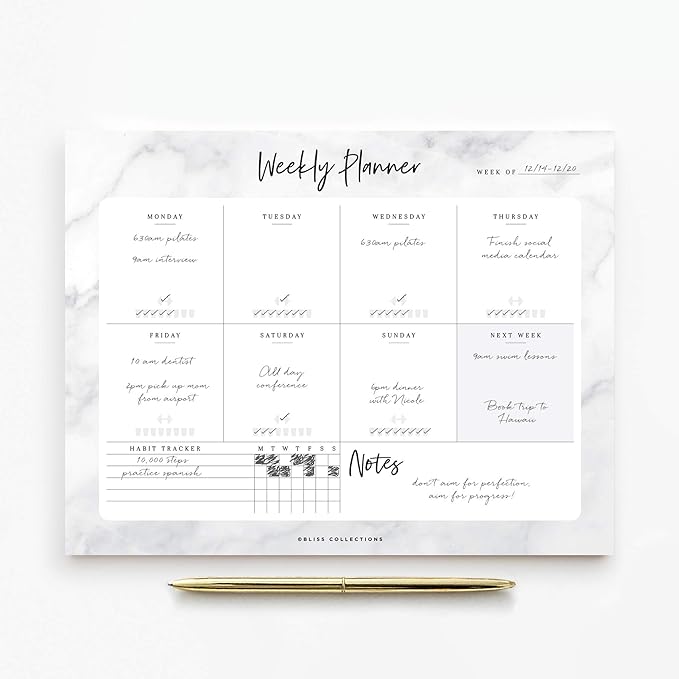 Bliss Collections Weekly Planning Pad, To Do List Notebook - Undated Tear-Off Sheets Notepad - Work Calendar, Organizer, Scheduler for Goals, Tasks - Marble, 8.5" x 11", 50 Sheets-Ruum Studio Home