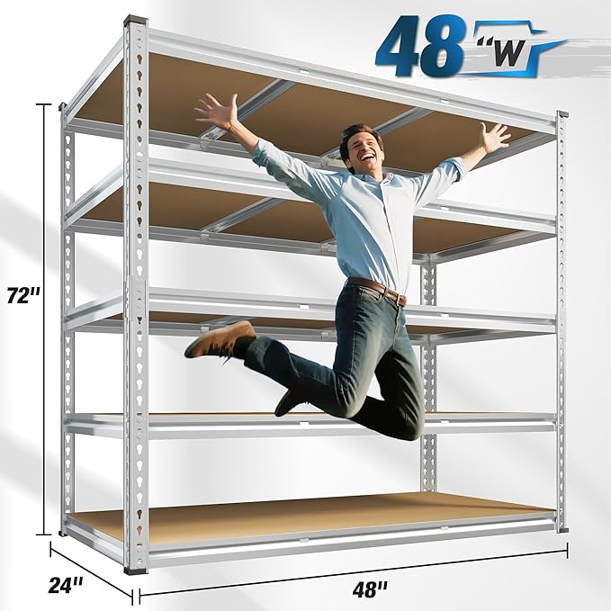 REIBII Garage Shelving, 5 Tier Storage Shelves Load 3020LBS, Adjustable Garage Shelving Heavy Duty, Metal Shelves Unit for Basement, Warehouse, 48" W x 72" H x 24" D, Galvanized-Ruum Studio Home