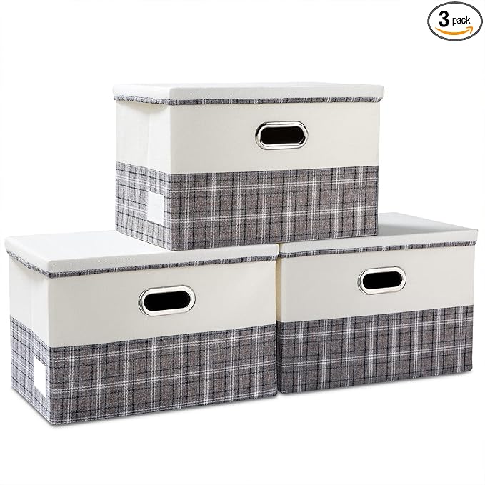 PRANDOM Large Collapsible Storage Bins with Lids [3-Pack] Fabric Foldable Storage Boxes Organizer Containers Baskets Cube with Cover for Home Bedroom Closet Office Gray plaid & Cream(17.7x11.8x11.8)-Ruum Studio Home