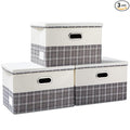 PRANDOM Large Collapsible Storage Bins with Lids [3-Pack] Fabric Foldable Storage Boxes Organizer Containers Baskets Cube with Cover for Home Bedroom Closet Office Gray plaid & Cream(17.7x11.8x11.8)-Ruum Studio Home