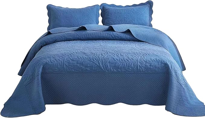 MarCielo 3-Piece 100% Cotton Oversized Bedspread Lightweight Quilt Coverlet Embroidery Farmhouse Bedding Set T0 (Midtone Blue, Oversized King (118"x106"))-Ruum Studio Home