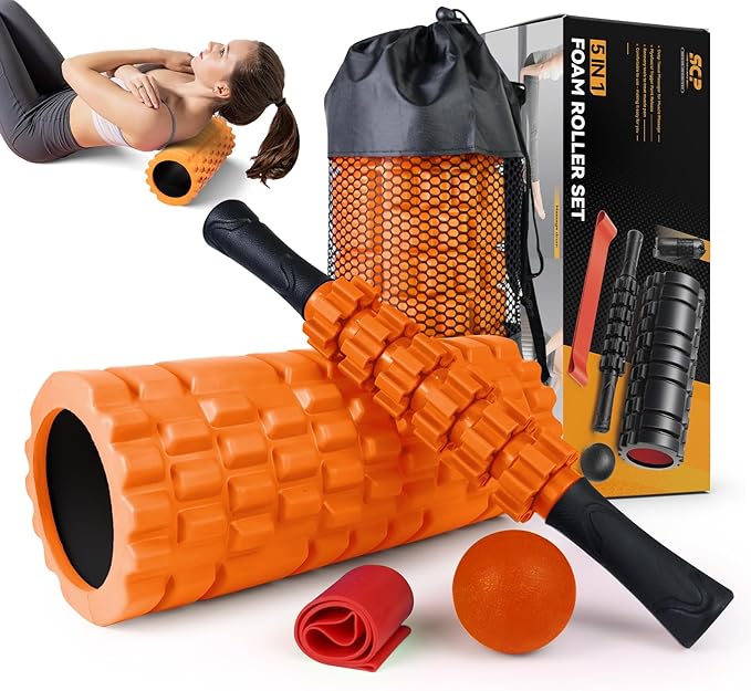 5 in 1 Foam Roller Set for Deep Tissue Muscle Massage, Trigger Point Fitness Exercise Foam Roller, Massage Roller, Massage Ball, Stretching Strap, for Whole Body (Orange-New)-Ruum Studio Home