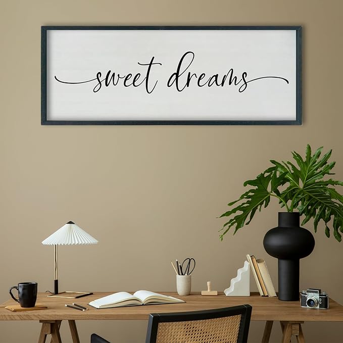 SRSZHIYUE Sweet Dreams Above Bed Wall Decor, 40"x15" Large Rustic Master Bedroom Over Bed Sign Guest Room Couples Wood Framed Farmhouse Horizontal Hanging Decoration (Black)-Ruum Studio Home