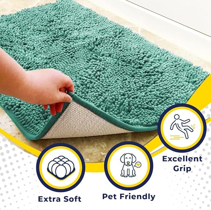 Muddy Mat® 4-Piece Seafoam Green Medium 30"X19" AS-SEEN-ON-TV Highly Absorbent Microfiber Door Mat, Bath Mat and Pet Rug, Non Slip Thick Washable, Soft Chenille for Kitchen Bedroom Indoor and Outdoor-Ruum Studio Home
