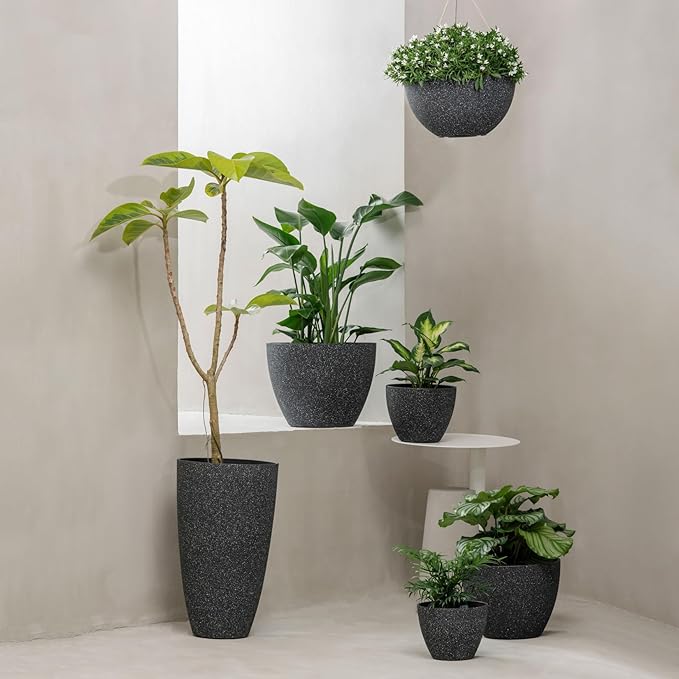 LA JOLIE MUSE Large Hanging Planters for Outdoor Plants - 13 Inch Hanging Basket for Patio Set of 2, Speckled Black-Ruum Studio Home