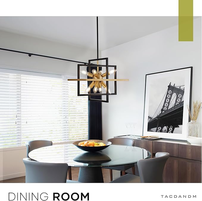 15.8'' Black Gold 8-Light Sputnik Chandelier Modern Industrial Adjustable Hanging Geometric Pendant Light Fixture for Entryway Foyer Stairway Hallway Bedroom Living Room Kitchen Island-Ruum Studio Home