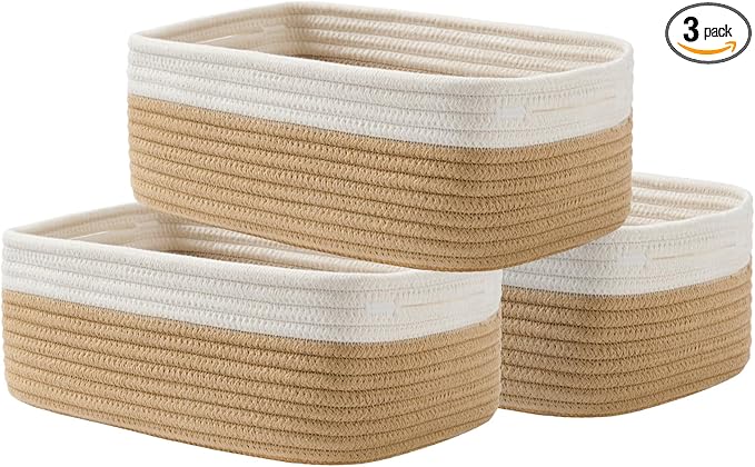 KALLAX Small Woven Basket, 12 x 8 x 4.5 Inches, Storage Basket for Organizing, Cute Small Rope Shelf Closet Cube Storage Bins Baskets for Shelves, Dog Toy Gift Baskets Empty, 3 Pack White & Brown-Ruum Studio Home
