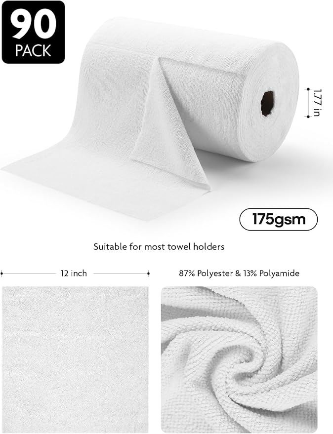 Fantasticlean Microfiber Cleaning Cloth Roll -90 Pack, Tear Away Microfiber Towels, 12" x 12", Reusable, Washable, Scratch Free, Ultra Absorbent Dish Rags for Car, Home, Garage or Shop (White)-Ruum Studio Home