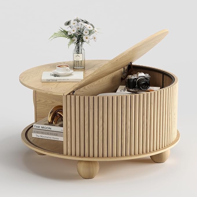Round Coffee Table with Storage,Fluted Lift Up Coffee Table with Sliding Door,31.5" Drum Center Table with Bun Feet for Living Room,Home Small Space,Oak-Ruum Studio Home