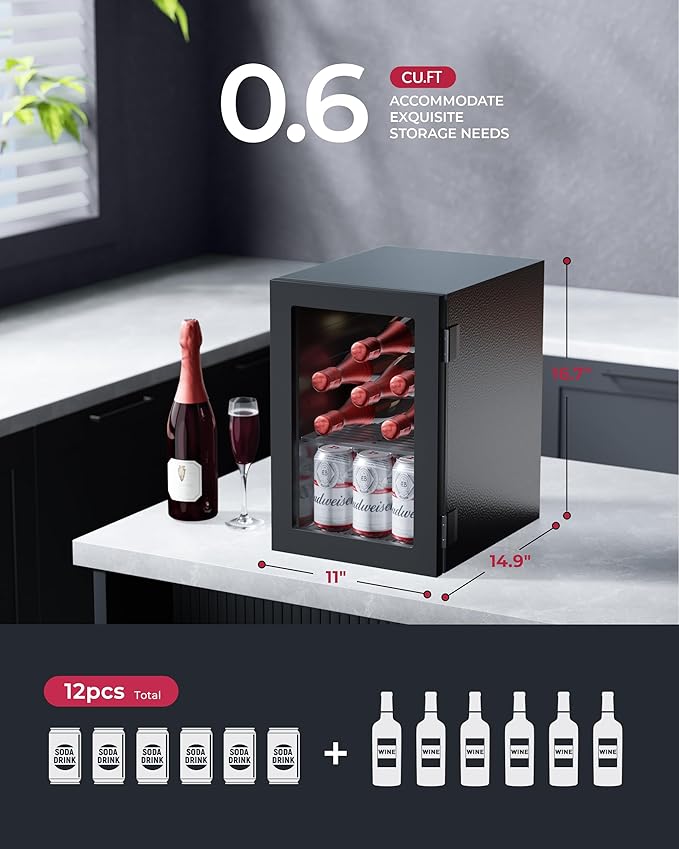6 Bottles and 6 Cans Compact Beverage Refrigerator, Freestanding Mini Fridge with Temperature Control for Beer Wine, Under Counter Small Refrigerator Adjustable Shelve & Glass Door for Home and Bar-Ruum Studio Home