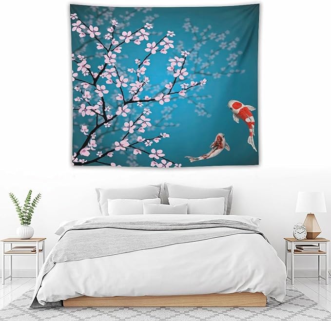 Japanese Koi Fish Tapestry, Cherry Blossoms Asian Oriental Green Teal Flower Branch Koi Fish Carp Tapestries Wall Hanging for Bedroom Living Room Office Decor 60"x50"-Ruum Studio Home