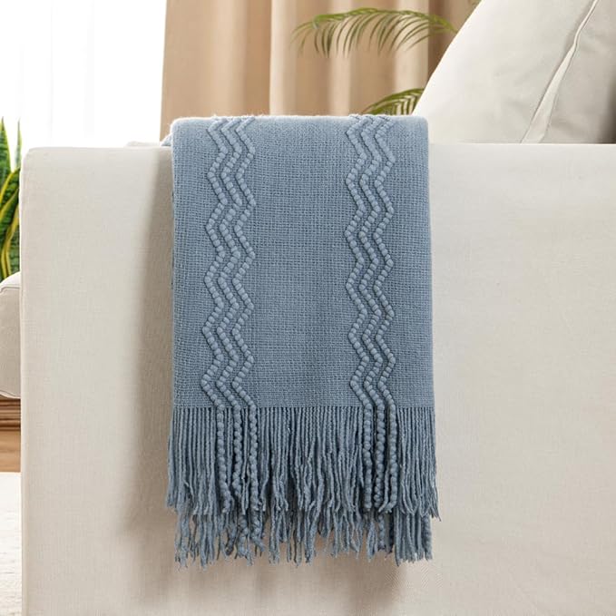 MIULEE Dusty Blue Cozy Knitted Throw Blanket for Couch Textured Knit Blanket with Tassels Woven Acrylic Wave Pattern Boho Blankets for Sofa Bed Chair 50"x60"-Ruum Studio Home