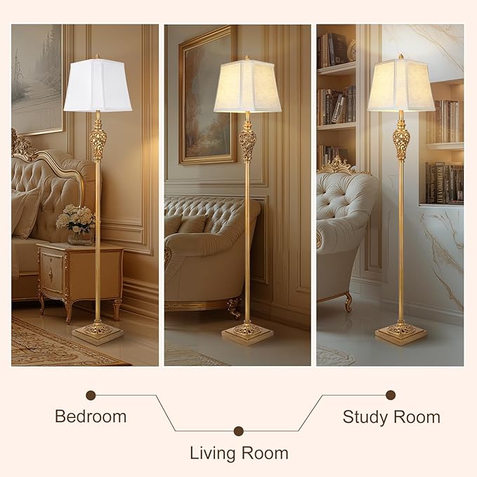 Vintage Farmhouse Floor Lamp with Nightlight, 65" Tall Standing Lamp with White Linen Fabric Shade, Antique Gold Finish, Elegant Reading Corner Light for Living Room, Bedroom, Office (Bulb Included)-Ruum Studio Home