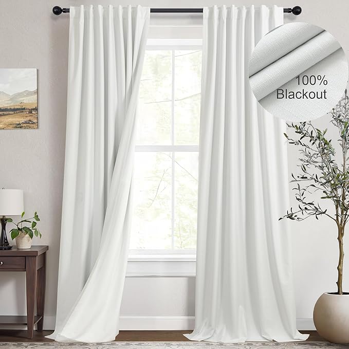 Ivory White Curtains 84 Inch Length 2 Panels for Living Room Curtain for Bedroom Window Total Blackout Off White Drapes 84 Long Boho Farmhouse Linen Black Out Thermal Insulated Curtain Back Tab Pocket-Ruum Studio Home