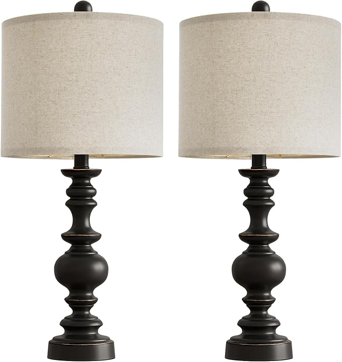 BOBOMOMO 24" Traditional Farmhouse Table Lamp Set of 2, Vintage Resin Lamps for Living Room Bedroom, Rustic Nightstand Lamp with Linen Shades, Retro Black Table Lamps for Living Room, Bedroom, Office-Ruum Studio Home