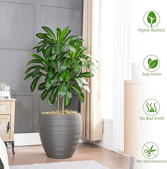 Artificial Dracaena Tree Artificial Silk Tree Faux Tree with White Tall Planter Fake Tropical Yucca Floor Plant (1, White Planter, 4 FT)-Ruum Studio Home