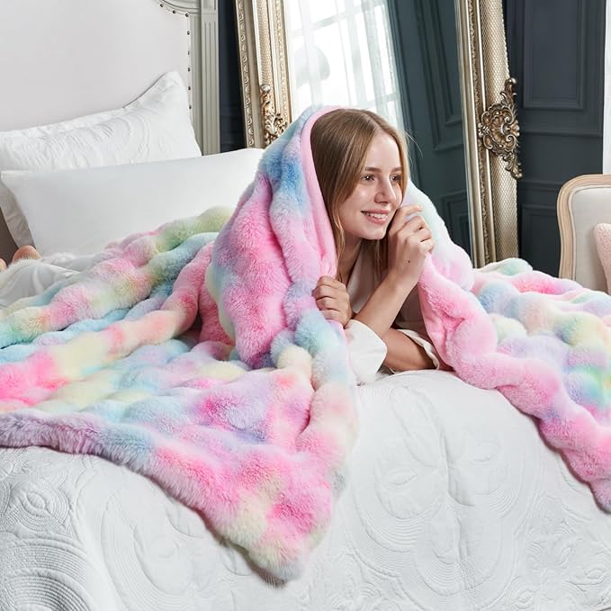Cozy Bliss Faux Fur Throw Blanket for Couch, Fuzzy Soft Plush Thick Bubble Blanket for Sofa Bedroom Living Room,50 * 60 Inches Tie-dye Rainbow-Ruum Studio Home