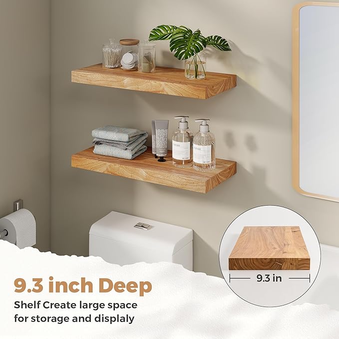 RICHFOCUS Elm Floating Shelves for Wall - 24" W x 9.3" D Rustic Solid Wood Shelves with Invisible Bracket, Wall-Mounted for Living Room, Bedroom, Kitchen Storage & Display, Set of 2, Natural-Ruum Studio Home