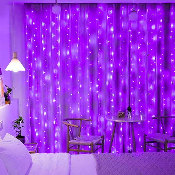 JMEXSUSS 300LED Purple Halloween Lights with Remote, Curtain Hanging Light Plug in, 8 Modes Purple String Lights for Bedroom Window Wall Party Backdrop Christmas Halloween Decorations-Ruum Studio Home