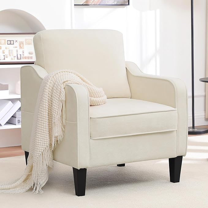 Accent Chairs Set of 2, Upholstered Living Room Chairs with Side Pockets, Mid Century Modern Reading Chair for Bedroom, Comfy Armchair Single Sofa Side Chair for Office, Small Room, Beige-Ruum Studio Home